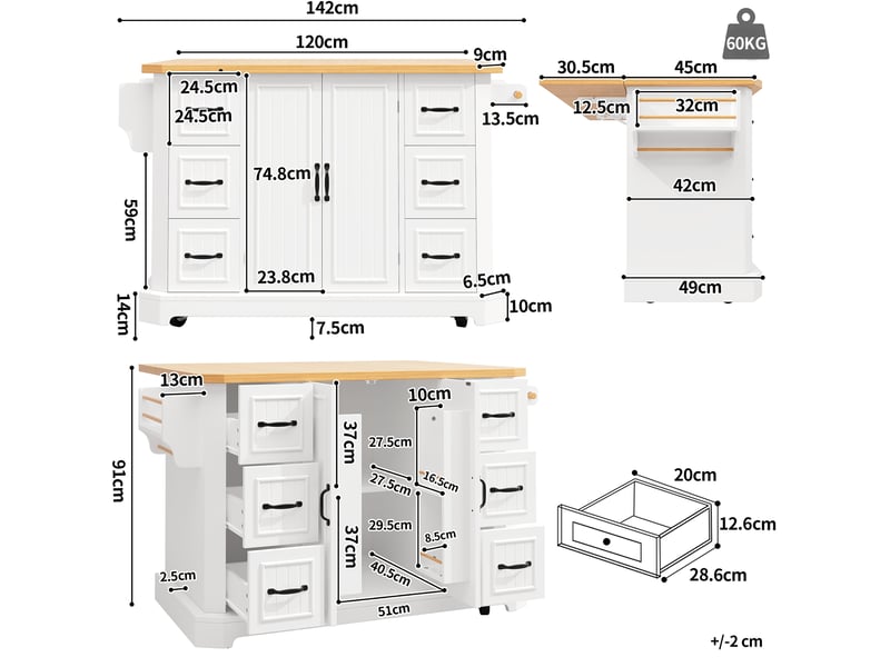  Desserte de cuisine 142x45-75,5x91 cm, 6 tiroirs et 2 portes, avec roulettes, en mdf et métal, couleur blanc et bois  - Conforama C