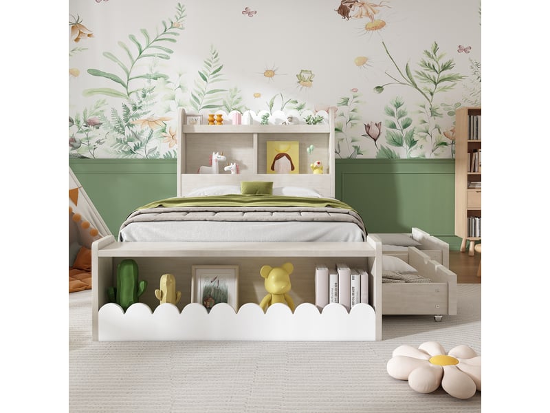 Lit enfant avec rangement 90 x 200 cm, tiroirs de rangement, étagères de rangement, banquette avec rangement, bois massif et mdf, blanc et chêne clair ABC - Conforama D