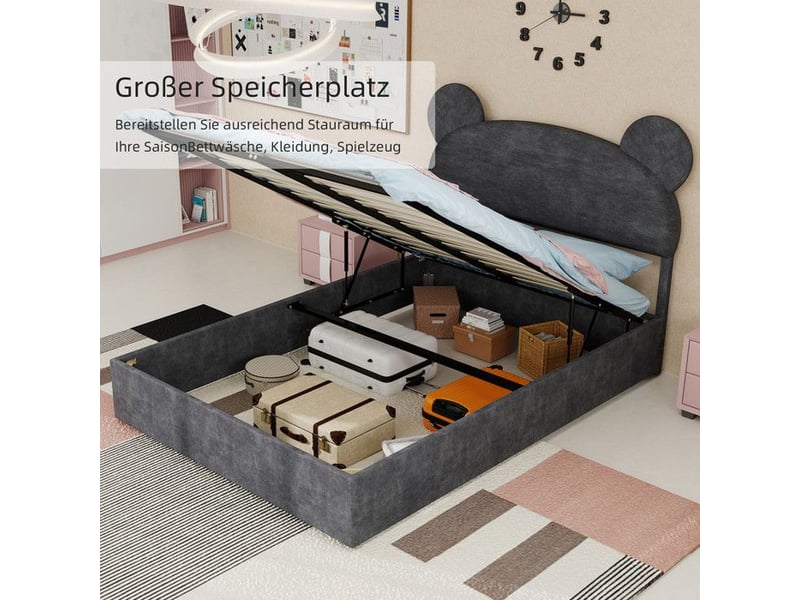  Lit enfant rembourré - tête de lit dessin animé - 140x200 cm - gris - rangement à gaz 90x200x133cm - Conforama E