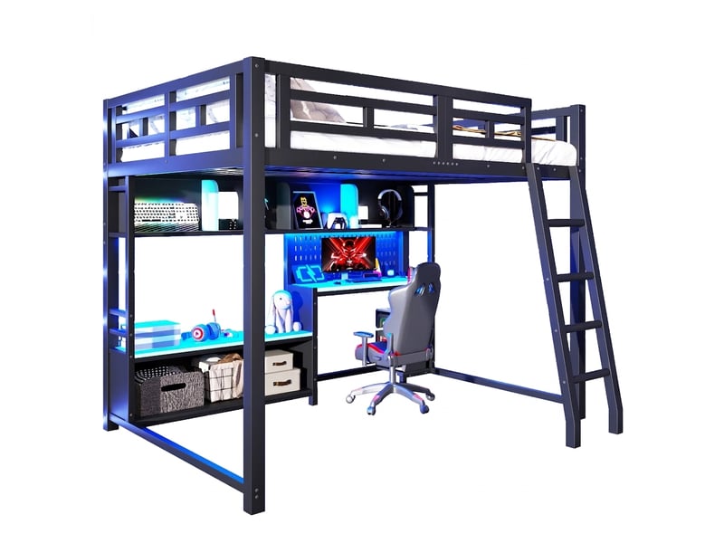  Lit mezzanine 140x200 métal noir avec bureau intégré et led  - Conforama A