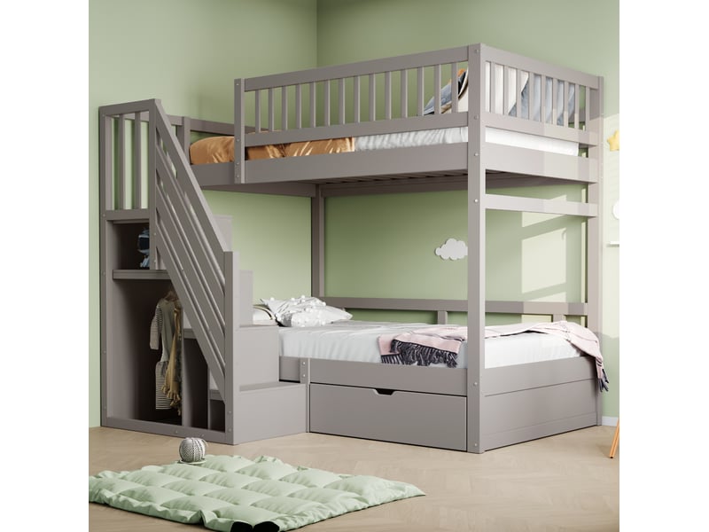  Lit superposé 90x200 cm avec rangement en bois gris  - Conforama C