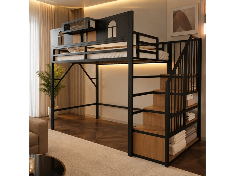 Lit mezzanine 1 place 90 × 200 cm avec éclairage, étagères et escalier de rangement, sans matelas, métal noir - Conforama B
