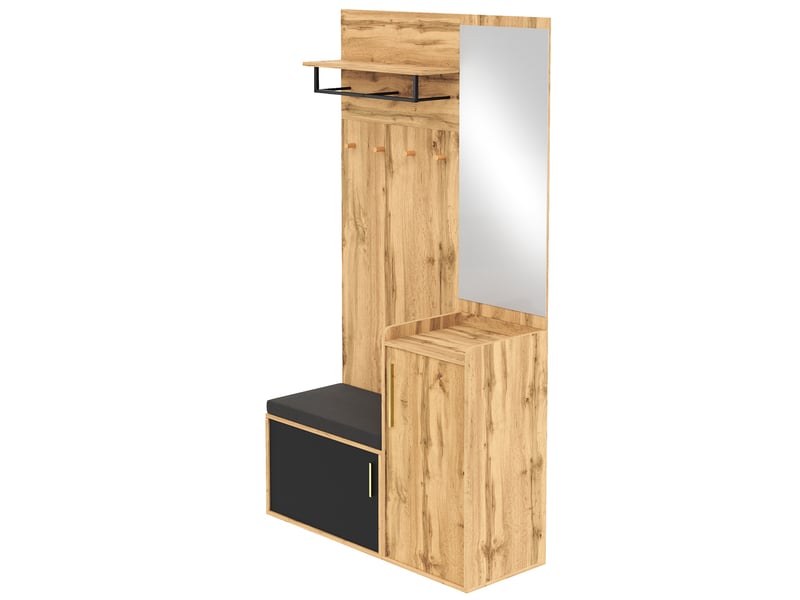  Meuble d'entrée avec miroir, banc rembourré, rangement chaussures, portes et crochets pour couloir, 100×38×185 cm  - Conforama E