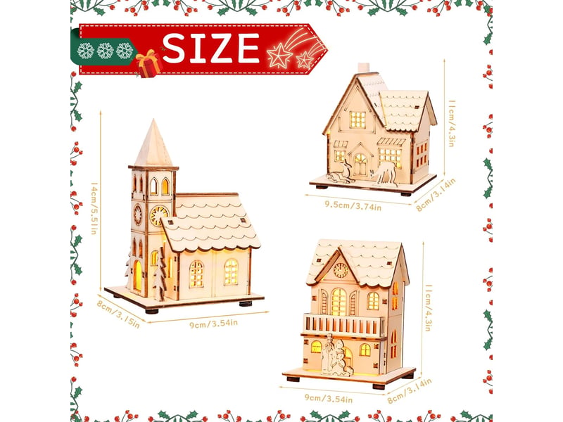  Maison village de noel miniature avec des lumières décoration de table de vacances de noël 3pcs  - Conforama B