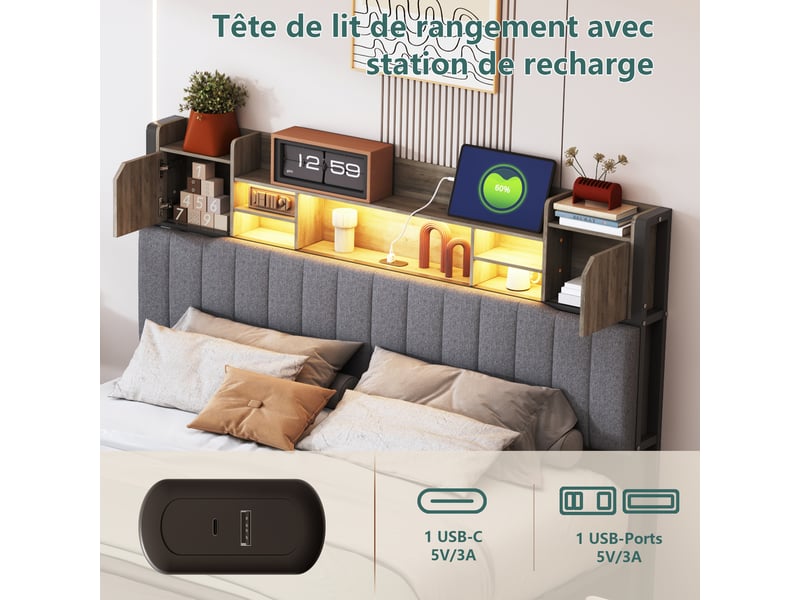 Lit double 140x200 cm,lit capitonné rembourré avec 4 tiroirs et led, usb et type-c, tête de lit rangement, gris, lin - Conforama R