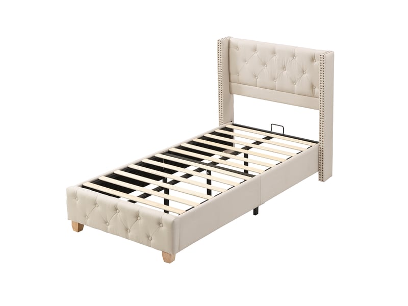  Lit simple rembourré 90x190 cm effet lin beige avec tête de lit capitonnée, boutons décoratifs, pieds en bois et sommier à lattes Morn Vibe - Conforama E