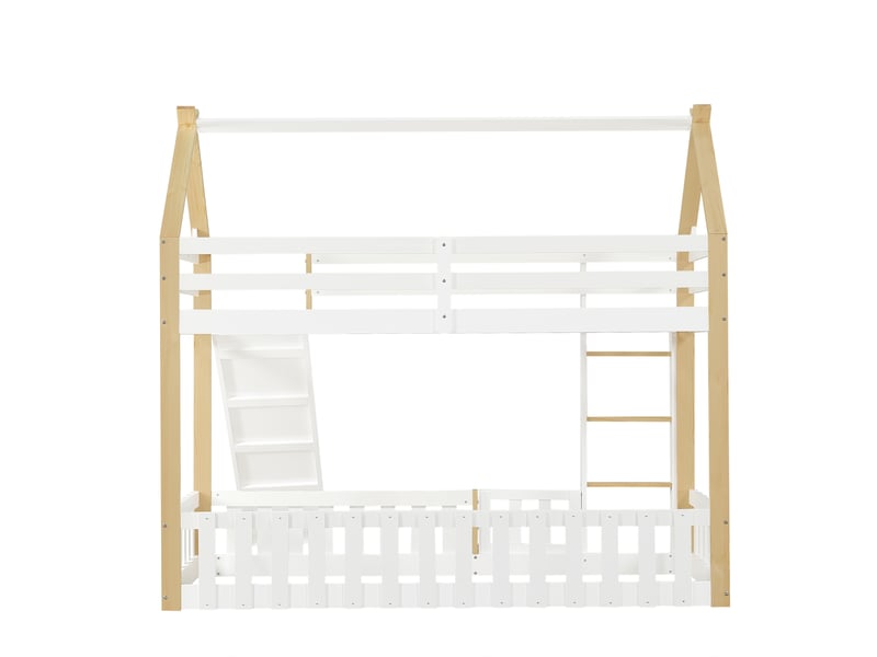 Lit superposé enfant avec toboggan - forme de toit - 90x200 cm - blanc+naturel - espace libre avec clôture  - Conforama W