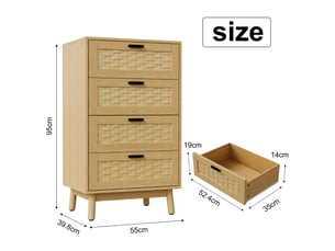 Commode 4 tiroirs en pvc effet rotin - 55 x 40 x 95 cm-chêne - meuble de rangement avec pieds en bois massif et dispositif anti-basculement