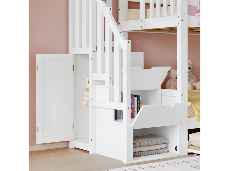  Lit superposé pour enfants 90 x 200 cm, avec penderie, fenêtre et toit, blanc et rose  - Conforama R