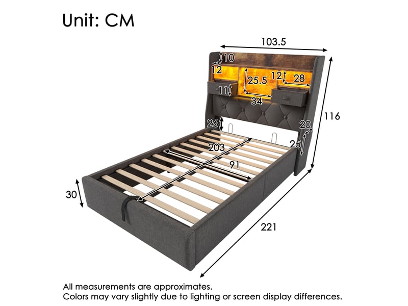  Lit coffre 90x200 moderne led multicolore prises usb type-c rangement tête de lit tiroir lin gris avec matelas  - Conforama C