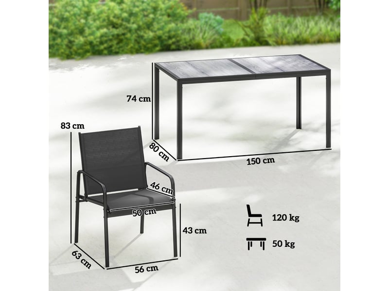  Salon de jardin extérieur pour 6 personnes, table de patio effet bois et chaises avec assise en maille respirante, cadre en acier galvanisé, noir  - Conforama E