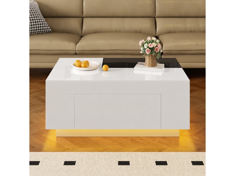  Table basse noire et blanche brillante avec led 16 couleurs, plateau extensible, tiroir et rangement caché  - Conforama B