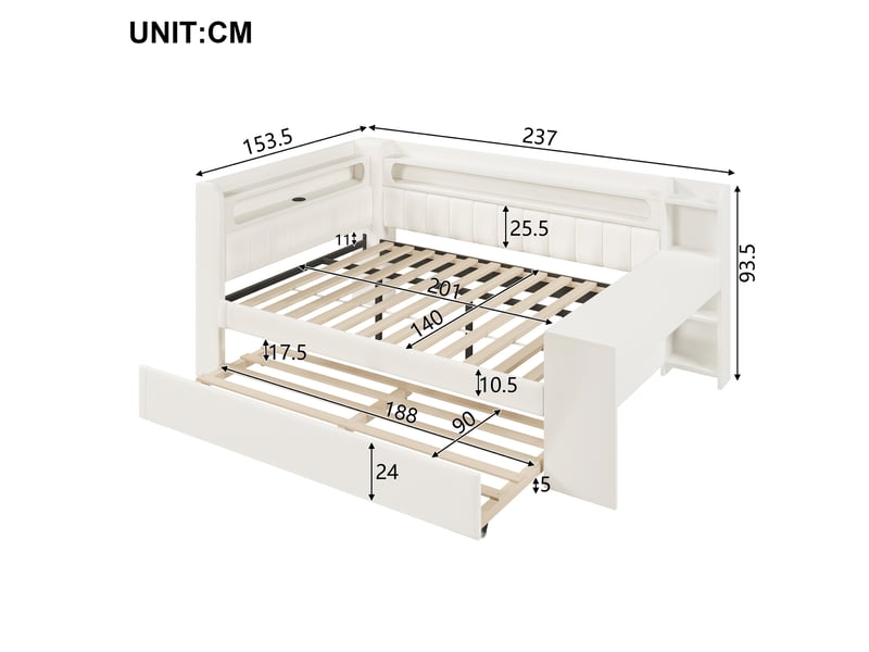  Lit banquette 140x200cm, bureau, lit gigogne 90x190cm, led, lit enfant, ports usb, mdf, tissu lin blanc sans matelas  - Conforama C