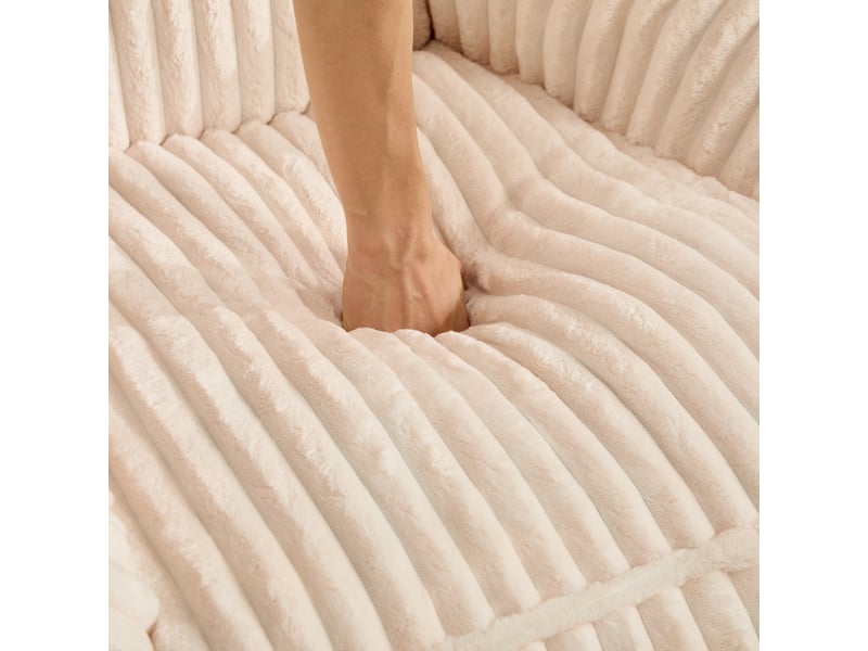  Fauteuil pouf sans assemblage, peluche bouclée rayée, beige , dimensions 92×98×73 cm  - Conforama E