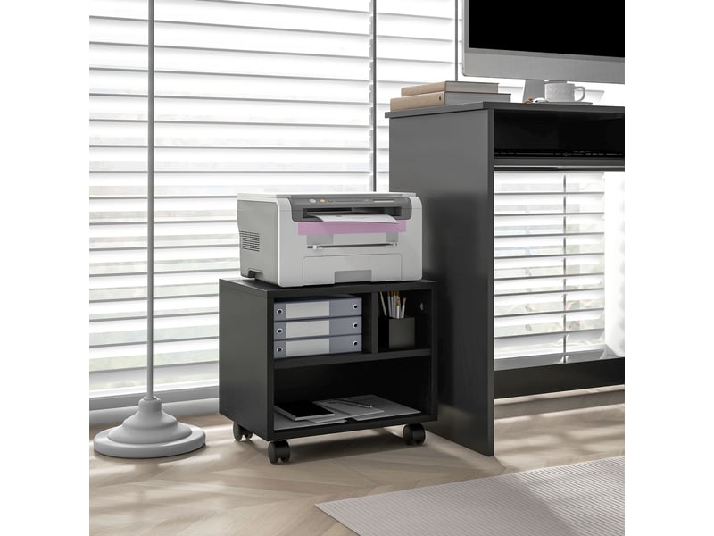  Support d'imprimante à 2 niveaux avec 3 compartiments et roulettes pour bureau et espace de travail, 40 x 30 x 36 cm, noir  - Conforama C