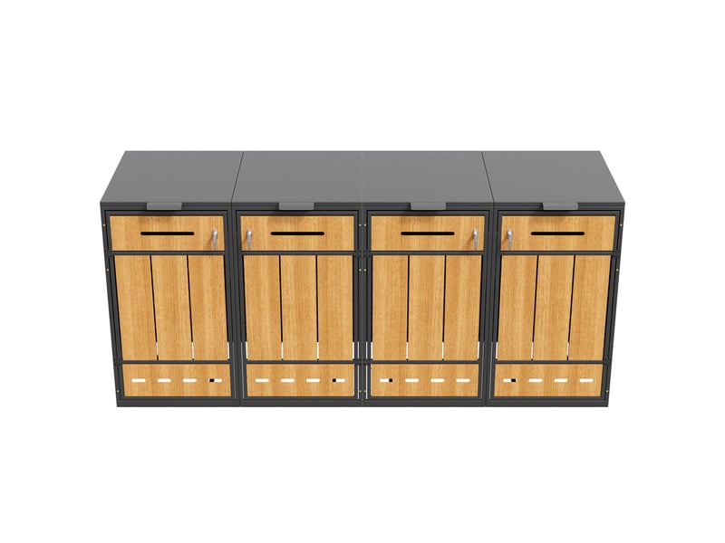  Abri poubelle 4 bacs avec couvercles rabattables et portes avant - en acier gris et décor bois  - Conforama A