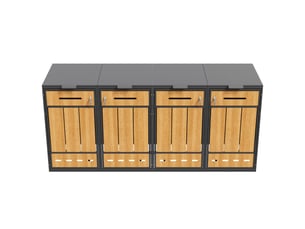 Abri poubelle 4 bacs avec couvercles rabattables et portes avant - en acier gris et décor bois