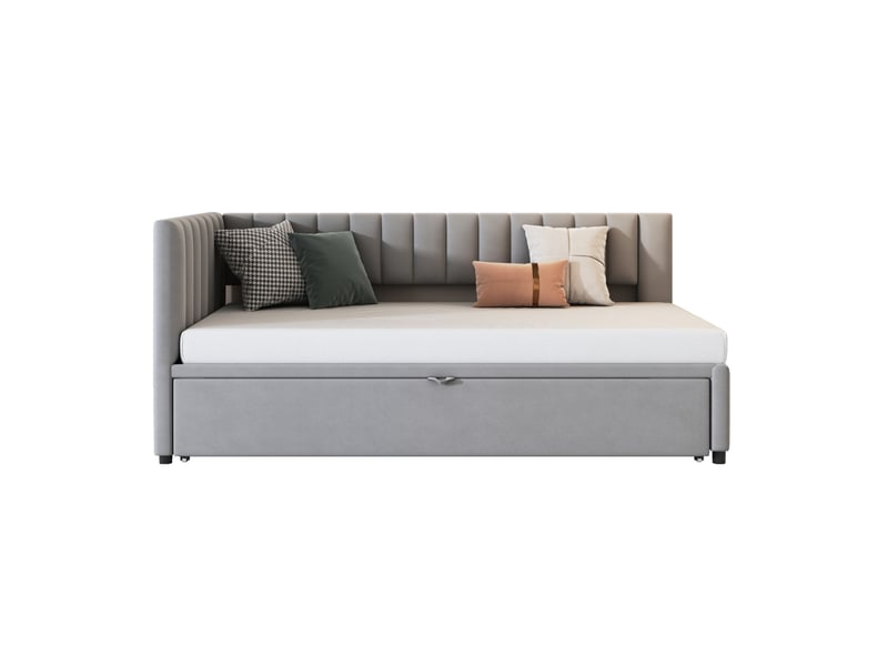  Lit enfant gigogne 90x200cm, gain de place, tête de lit confort, style moderne, velours gris clair, sans matelas  - Conforama A