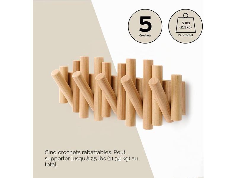  Porte-manteau mural à 5 crochets, en bois naturel, dimensions29,5 x 16,5 x 4,4 cm, jaune - sjy-hrc0005046ly SJY-HRC0005046LY - Conforama E