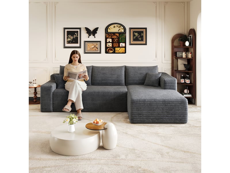  Canapé d'angle gris foncé 3 places en velours côtelé, canapé en l avec méridienne, 241 cm pour salon  - Conforama E
