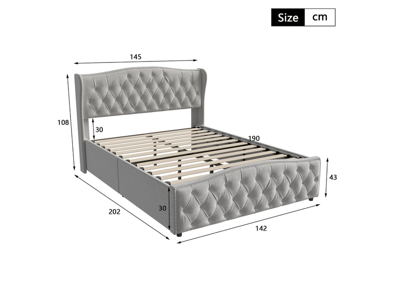 Lit double rembourré 140 x 190 cm avec espace de rangement, lit hydraulique avec sommier à lattes et tête de lit rembourrée, velours, gris 251011HSM0506#ADYXlHWGoWDELLM - Conforama E