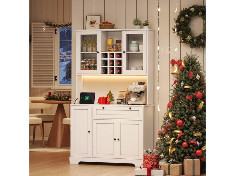  Buffet de cuisine blanc 180x105x40 cm, 5 portes en verre trempé et 1 tiroir, rangement haute capacité pour salle à manger  - Conforama B