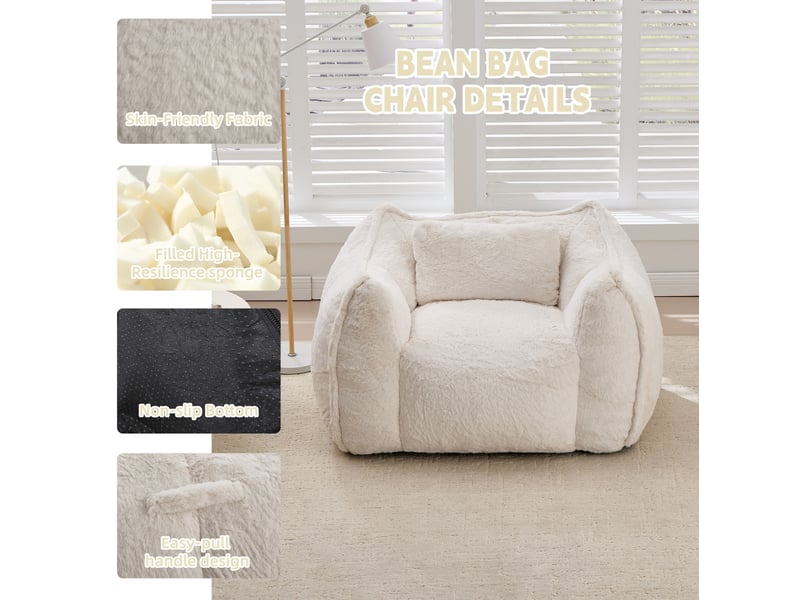  Fauteuil poire modenvie grand format en fausse fourrure beige avec coussin 123 x 97 x 73 cm pour salon ou chambre  - Conforama E