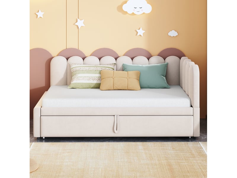  Lit gigogne en l 90x200 cm, pour chambre, lit enfant, gain d'espace, tête de lit, finition velours beige, sommier, sans matelas  - Conforama D