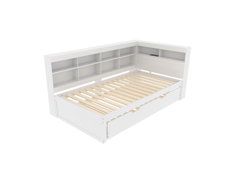  Lit banquette avec gigogne et rangements, bois massif blanc, 90x200 cm, prise usb intégrée  - Conforama D