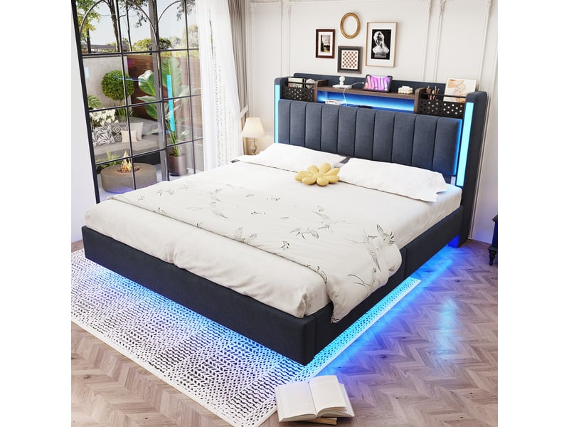  Lit coffre 140x200 cm avec led, prise usb, tête de lit avec rangement, effet suspendu, tissu lin, gris OMNIGLINT TRADING LTD - Conforama B