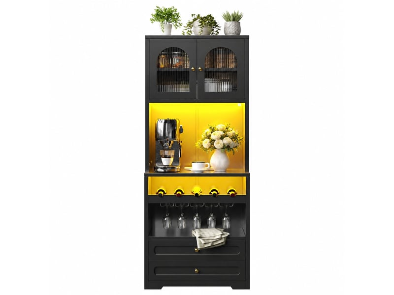  Vaisselier noir 70 x 40 x 180 cm, led pilotée par application et range-bouteilles  - Conforama A