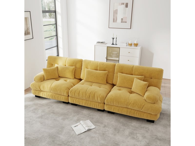  Canapé d'angle, canapé convertible, 3 places, jaune, en chenille, assise profonde  - Conforama R