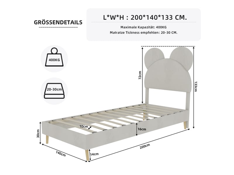 Lit enfant 140x200 cm, tête de lit dessin animé, sommier à lattes, en velours, beige, sans matelas - Conforama C