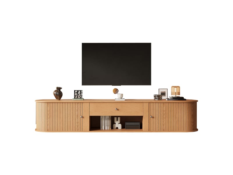 Meuble tv 180 cm pour écran jusqu’à 75 pouces, 2 portes à rideau rainurées, 1 tiroir, niche ouverte, coins arrondis, effet bois naturel - Conforama A