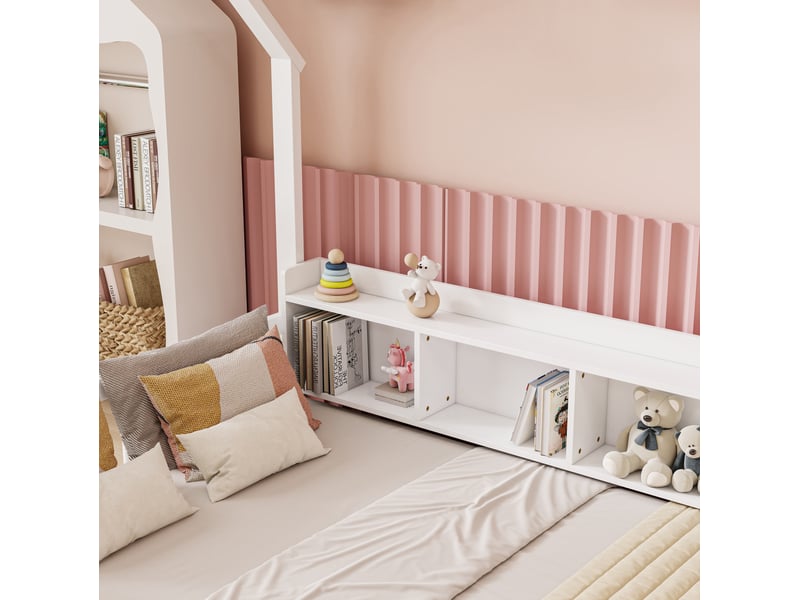  Lit cabane enfant 140x200 cm blanc avec barrières et 4 niches de rangement  - Conforama E