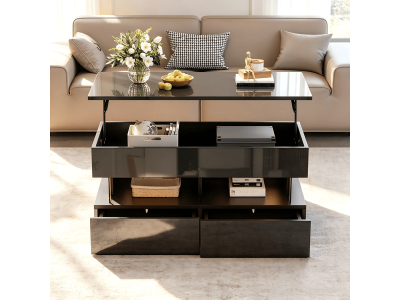  Table basse relevable avec rangement caché et 2 tiroirs, 100x50 cm, mdf noir brillant et led  - Conforama B