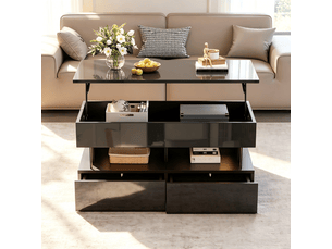 Table basse relevable avec rangement caché et 2 tiroirs, 100x50 cm, mdf noir brillant et led