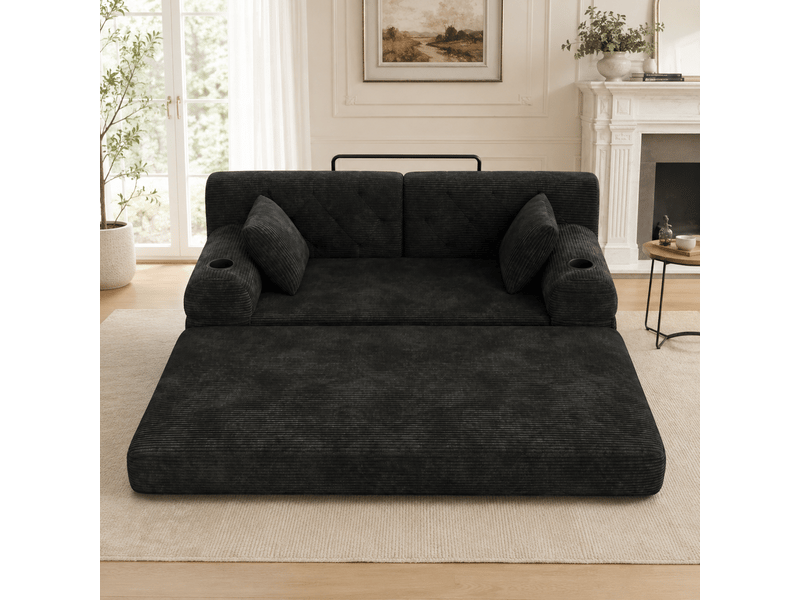 Canapé-lit 3 places modenvie convertible en velours côtelé noir, dossier haut, 4 poches, 2 porte-gobelets, 208 x 80 x 81 cm - Conforama E