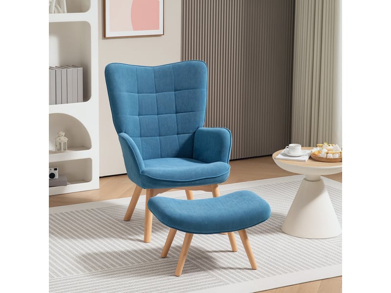  Fauteuil d'appoint avec repose-pieds, fauteuil inclinable aspect velours côtelé, fauteuil avec pieds en bois, pour salon, bleu  - Conforama D