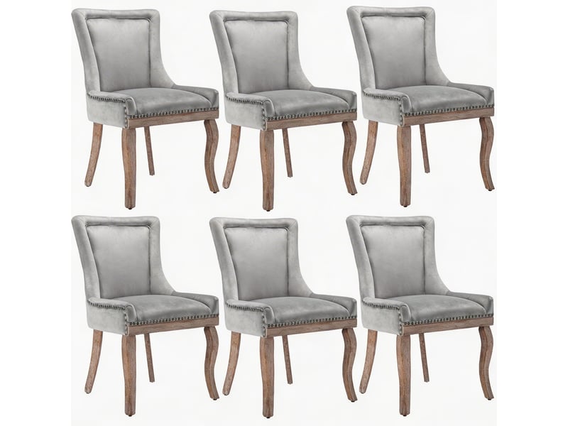  Chaise lot de 6 salle à manger velours gris capitonnée clous décoratifs pieds bois massif  - Conforama A