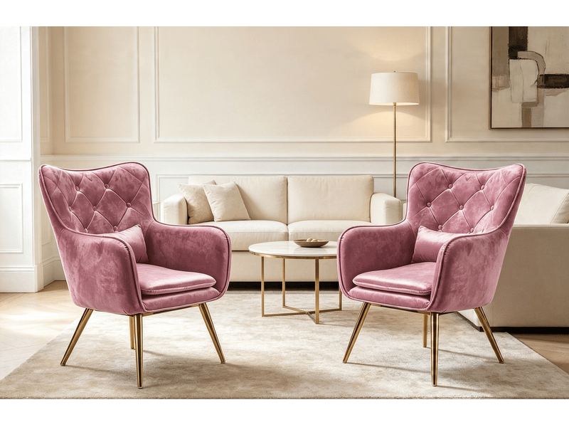  Fauteuil club (lot de 2) 68x92x70cm velours matelassé+métal -rose+doré,livré avec coussin complémentaire S3625984 - Conforama C