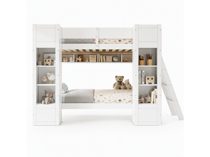  Lit superposé enfant avec rangements, 2 couchages 90x200 cm, 2 armoires frontales, étagère suspendue, échelle réversible, garde-corps, bois, blanc  - Conforama A