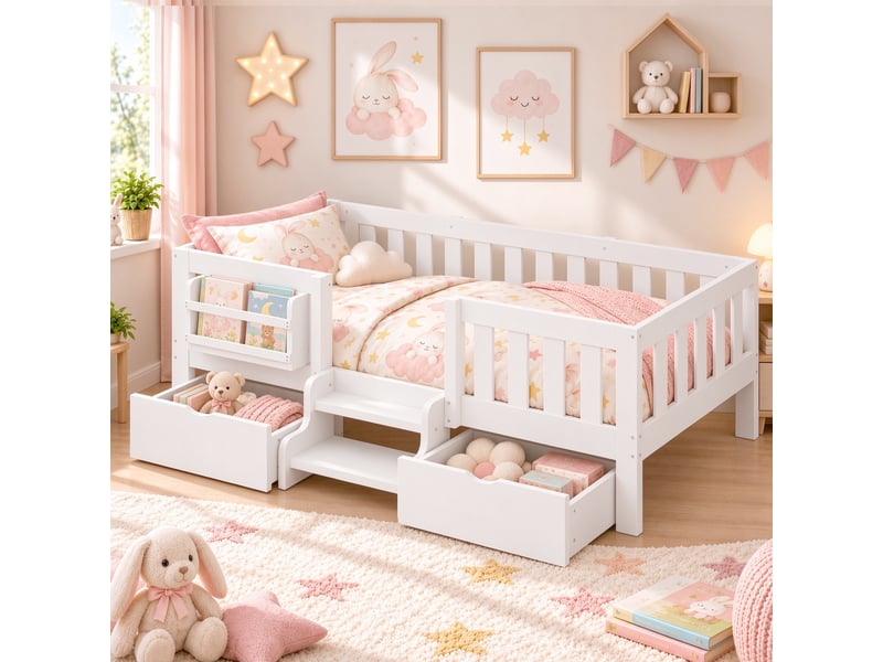  Lit enfant 90x200 cm avec 2 tiroirs, bibliothèque, escalier d’accès, barrière de sécurité et sommier à lattes, bois, pour chambre d’enfant - blanc  - Conforama B