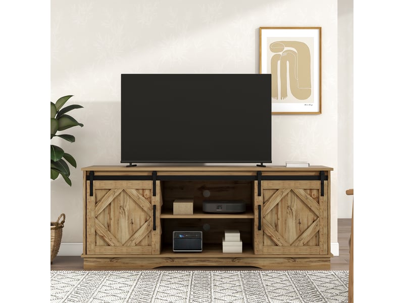  Meuble tv 150 cm avec portes coulissantes style grange, pour téléviseur jusqu'à 65 pouces, marron  - Conforama C