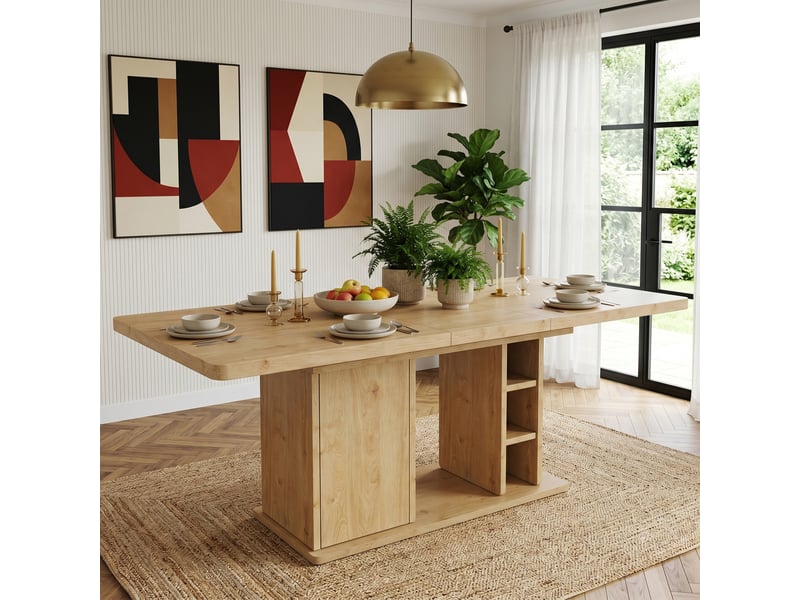  Table à manger extensible 140180x80 cm en mdf finition chêne, rangement et plateau épais 3 cm, style scandinave, 6-8 pers.  - Conforama B