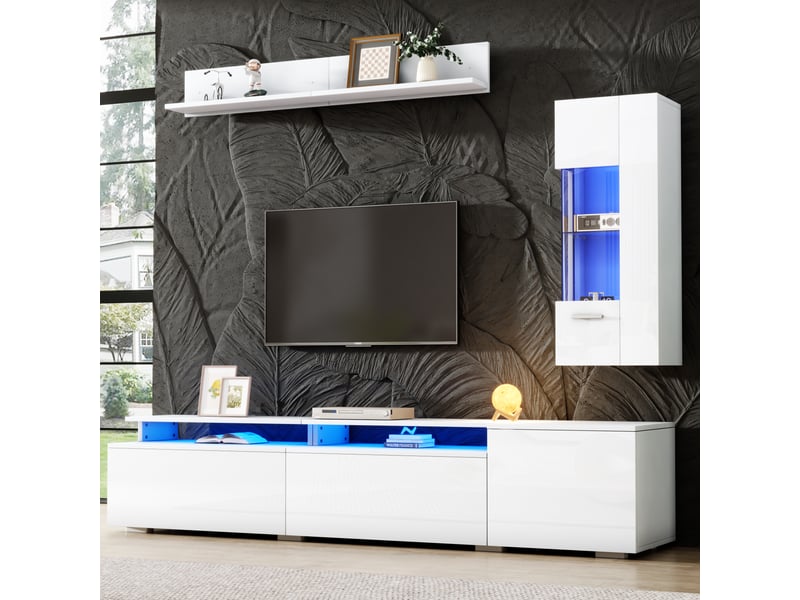  Ensemble meuble tv mural blanc laqué 3 pièces avec led pour écran 80 pouces  - Conforama B