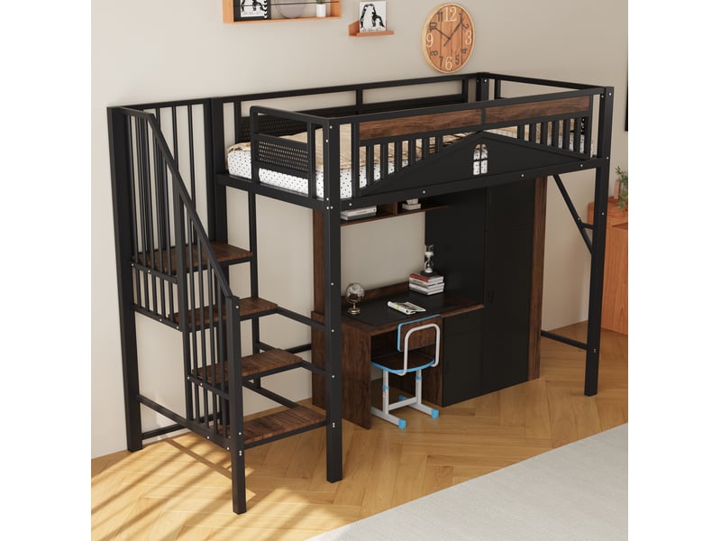 Lit mezzanine métal 90 x 200 cm avec échelle sécurisée et rangement, noir - Conforama E