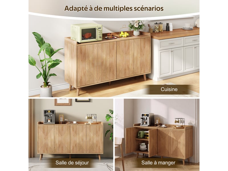  Buffet bas 140 x 40 x 84 cm en mdf, 4 portes, étagères réglables et plateau ouvert, rangement salle à manger, aspect bois  - Conforama B