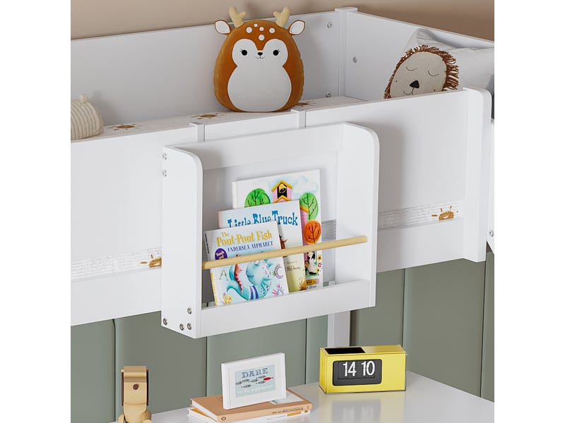 Lit mezzanine enfant 200×90 cm avec toboggan, échelle et étagère amovible, sans matelas, blanc et naturel - Conforama E