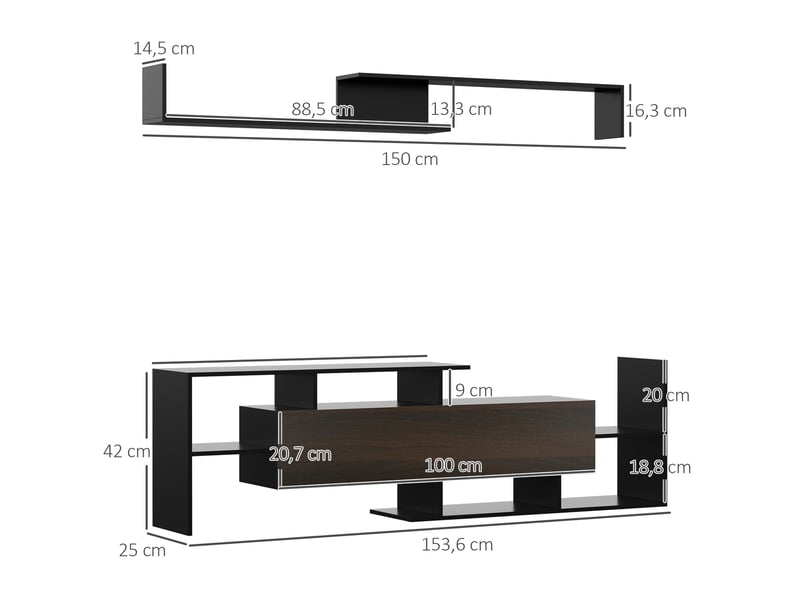  Ensemble meuble tv avec banc et étagère murale noir - style contemporain 153,6l cm  - Conforama C